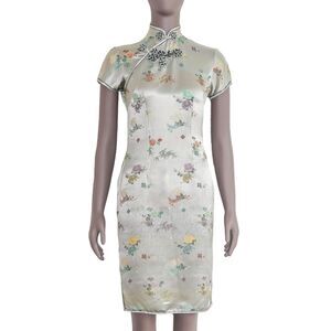 Silver Satin Cheongsam Qipao‎ Mini Dress Floral Party Cocktail Formal Rare Small